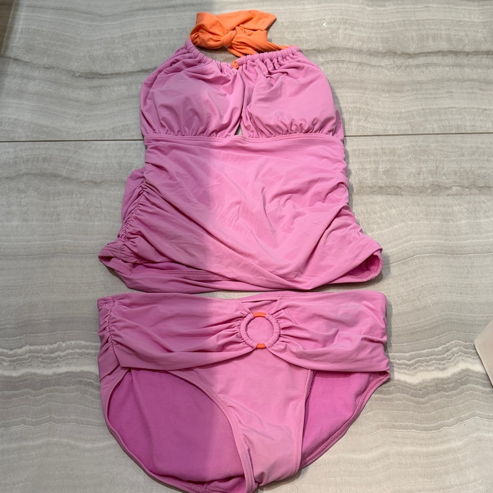 La Vie En Rose Pink and Orange Backless Tankini